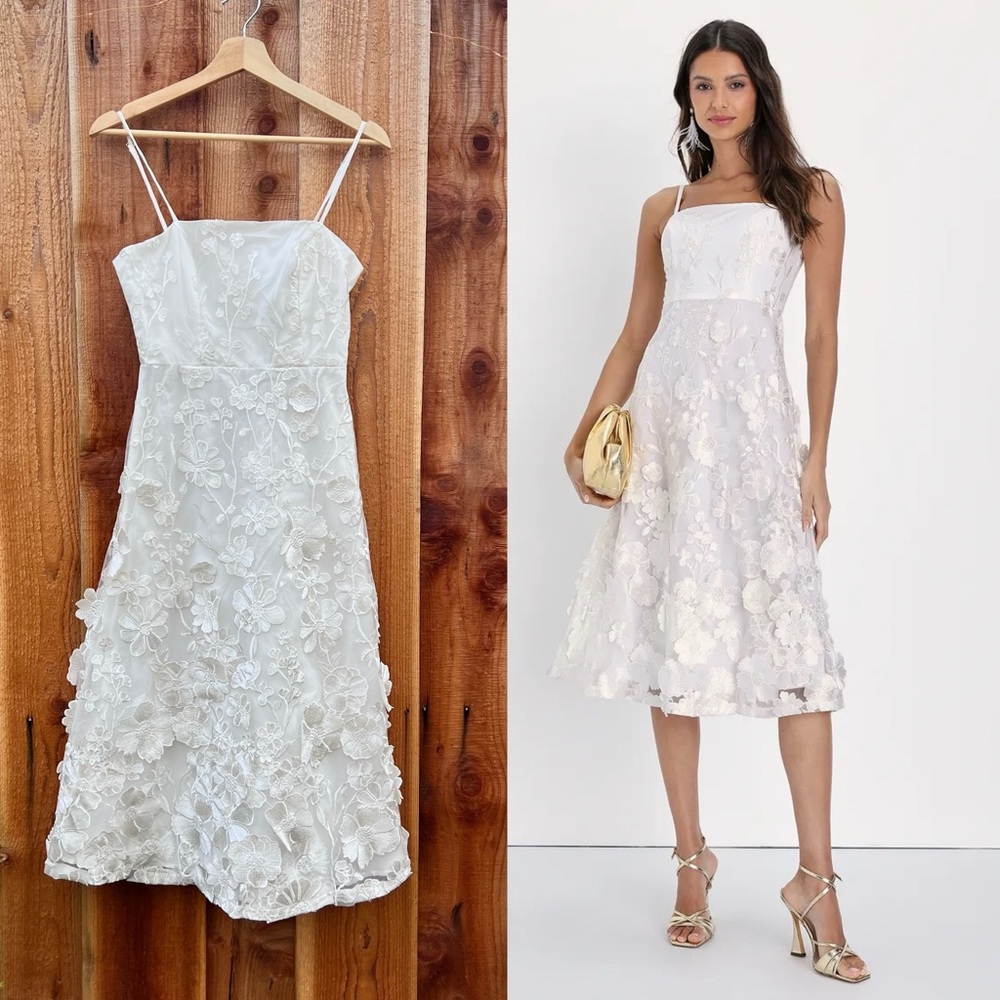 White 3D Floral Embroidered Skater Midi Dress